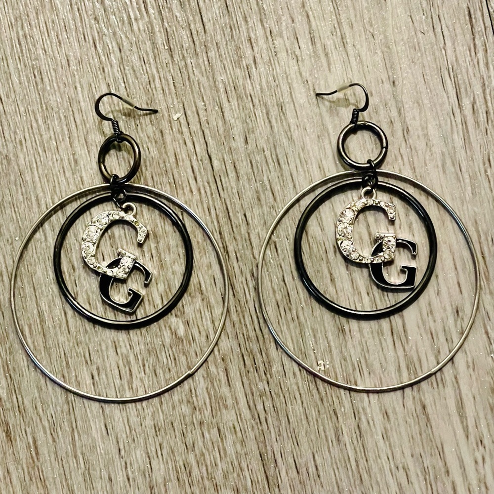 GUESS Silver Tone, Crystals  Covered  "G" LOGO Charm Hoop Dangle Earrings